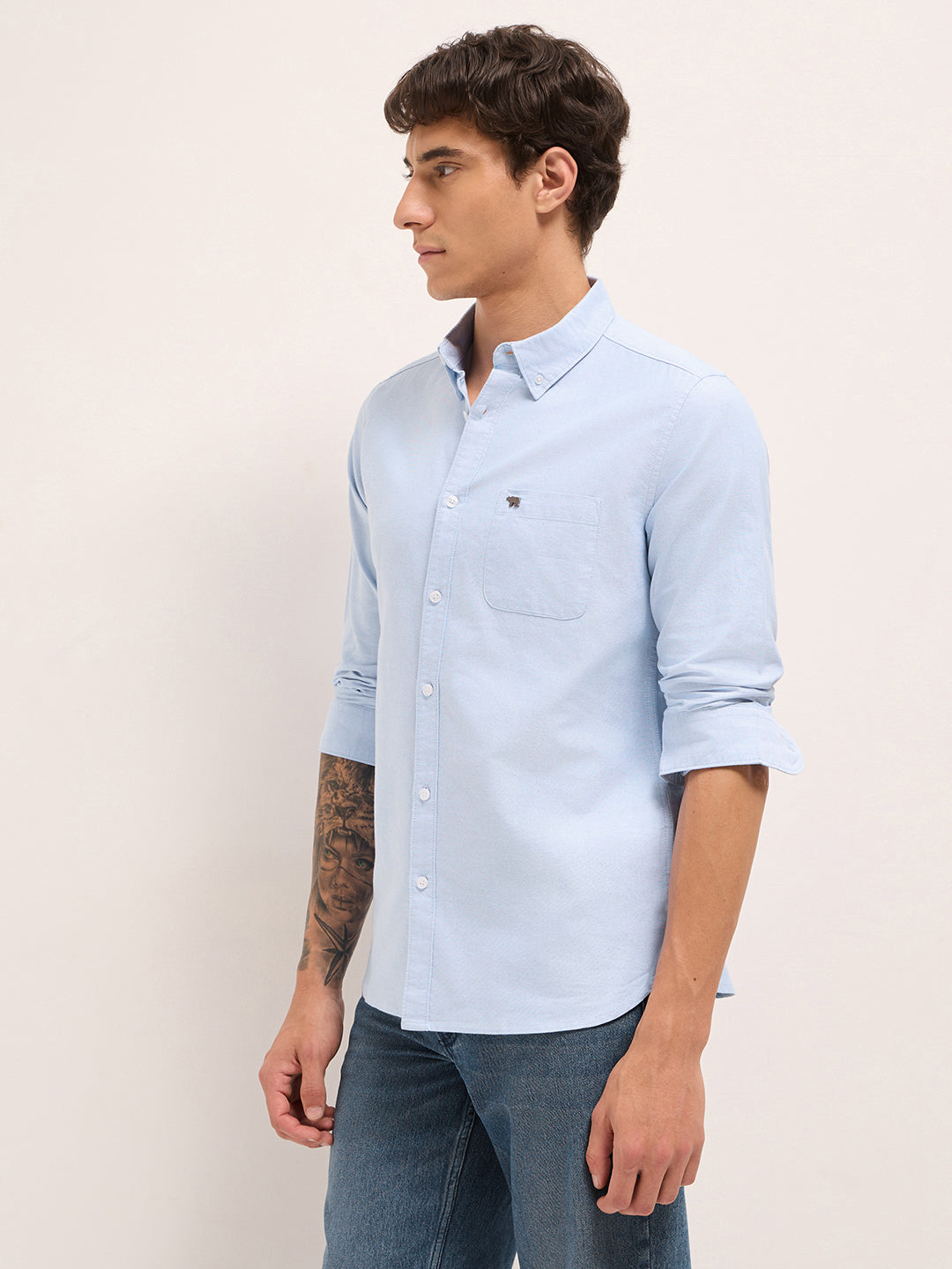Light Blue Cotton Solid Slim Fit Casual Shirt by The Bear House