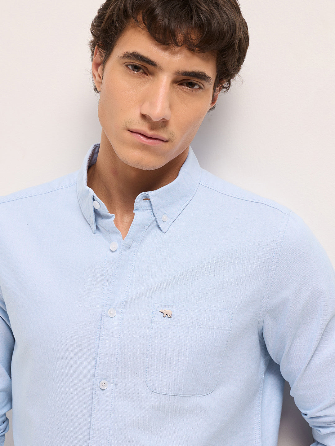 Light Blue Cotton Solid Slim Fit Casual Shirt by The Bear House