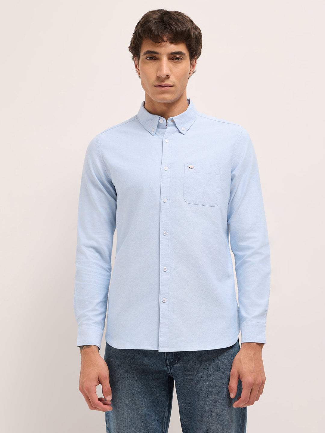 Light Blue Cotton Solid Slim Fit Casual Shirt by The Bear House