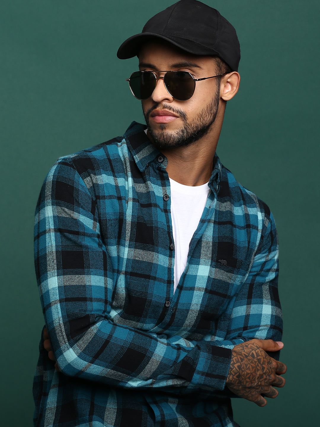 Men Teal Slim Fit Flannel Button-Down Casual Shirt by The Bear House