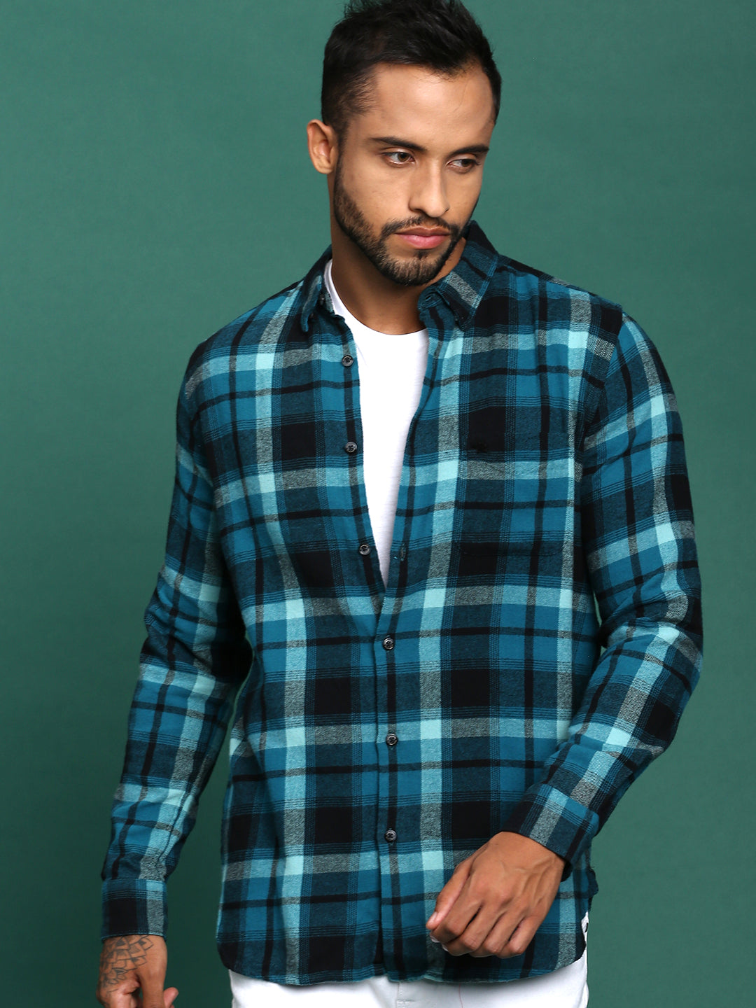 Men Teal Slim Fit Flannel Button-Down Casual Shirt by The Bear House