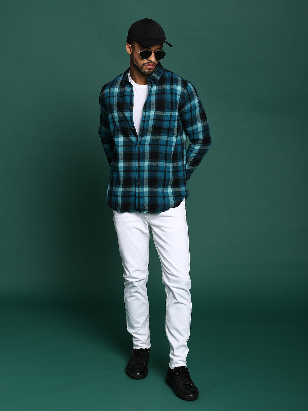 Men Teal Slim Fit Flannel Button-Down Casual Shirt by The Bear House