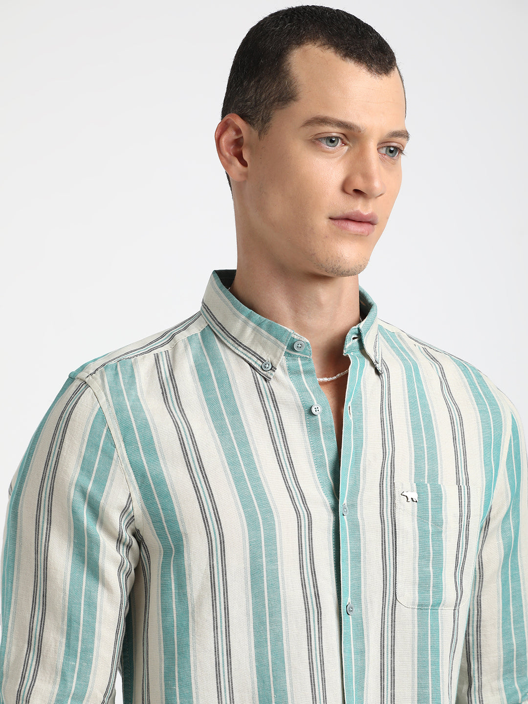 Men Teal Striped Slim Fit Cotton Linen Casual Shirt by The Bear House