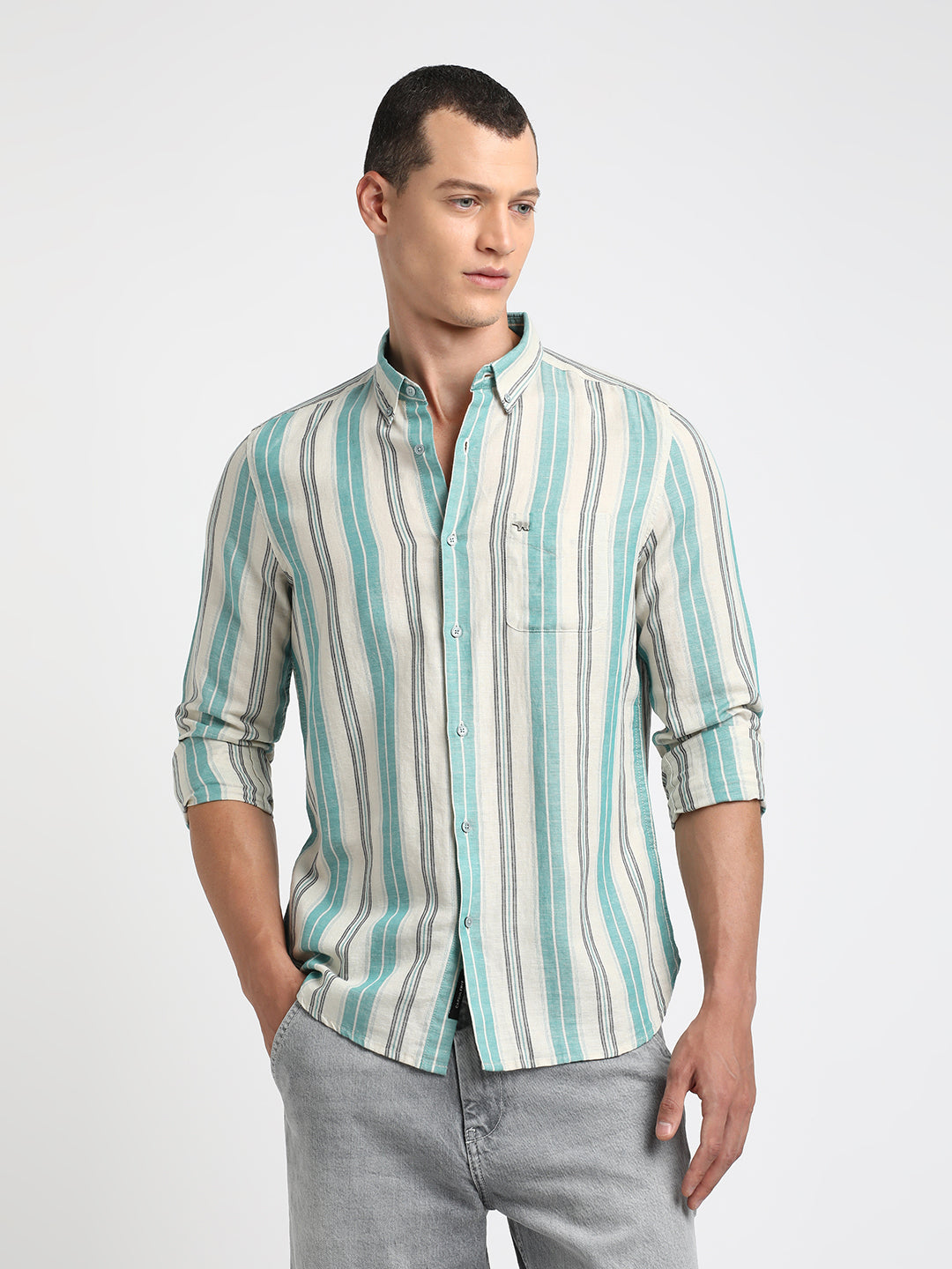 Men Teal Striped Slim Fit Cotton Linen Casual Shirt by The Bear House