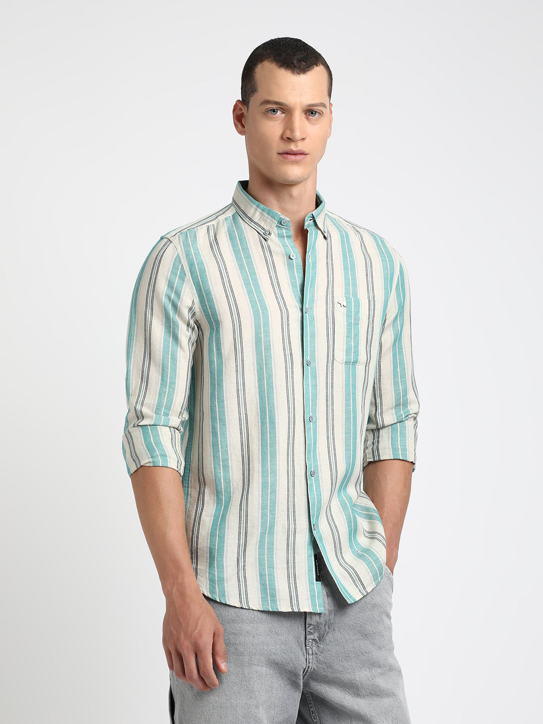 Men Teal Striped Slim Fit Cotton Linen Casual Shirt by The Bear House