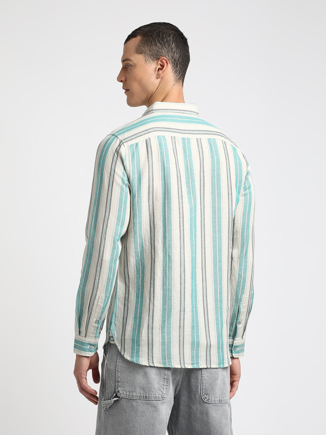 Men Teal Striped Slim Fit Cotton Linen Casual Shirt by The Bear House