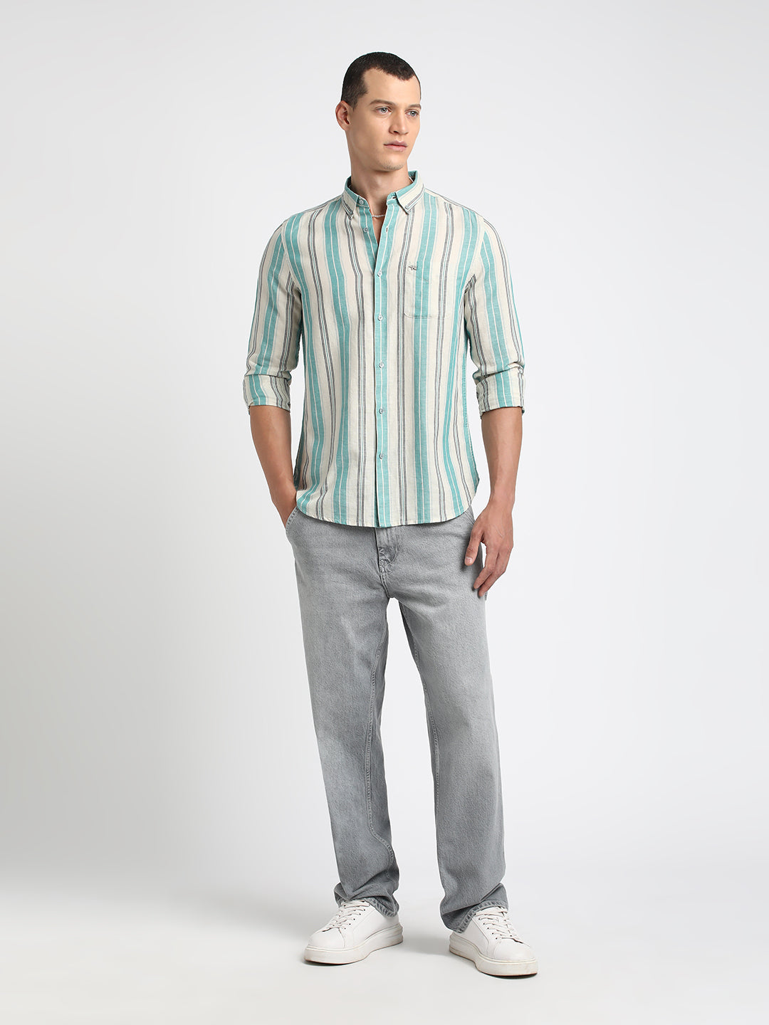 Men Teal Striped Slim Fit Cotton Linen Casual Shirt by The Bear House