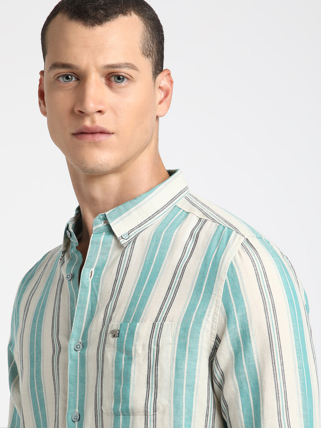 Men Teal Striped Slim Fit Cotton Linen Casual Shirt by The Bear House