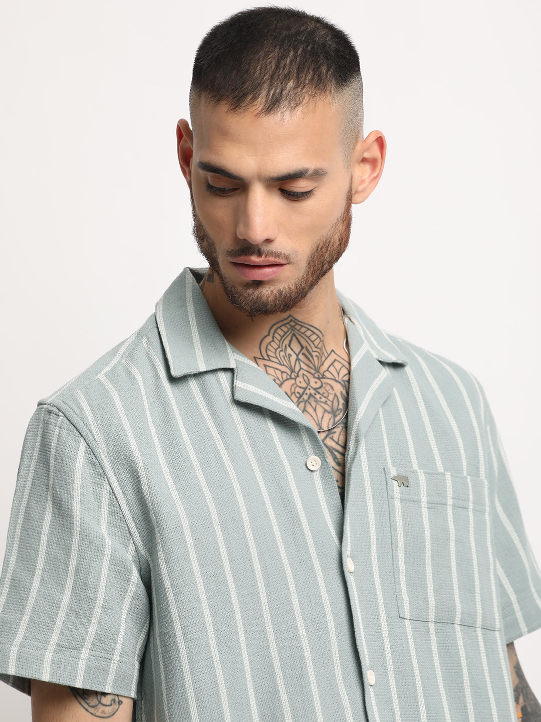 Men's Green Striped Regular Fit Casual Shirt by The Bear House
