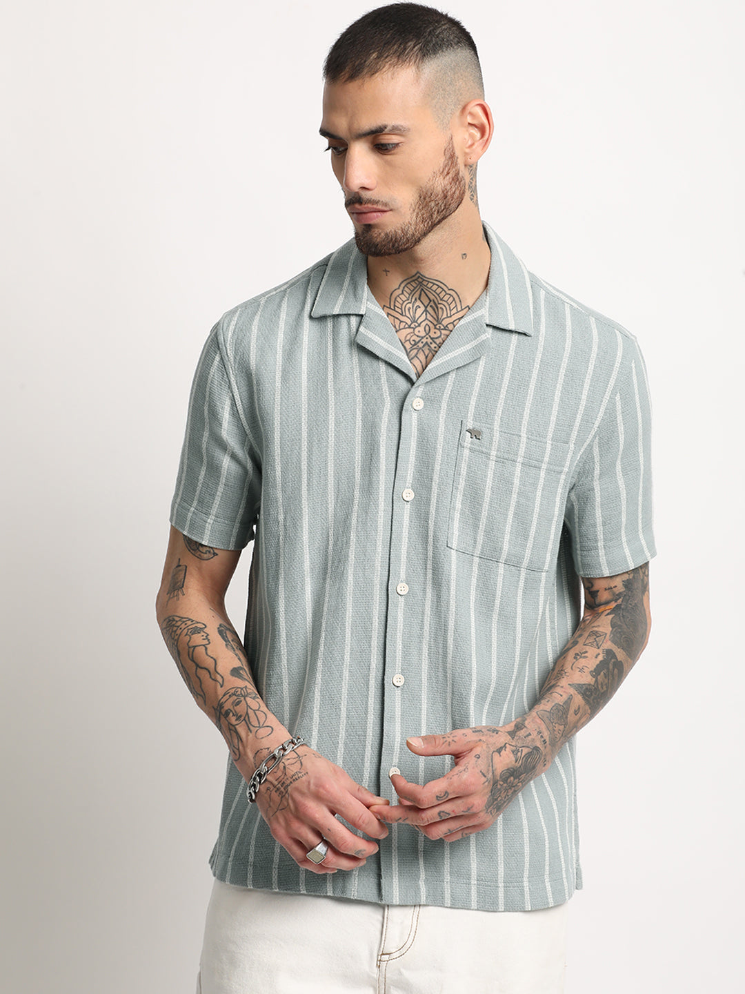 Men's Green Striped Regular Fit Casual Shirt by The Bear House