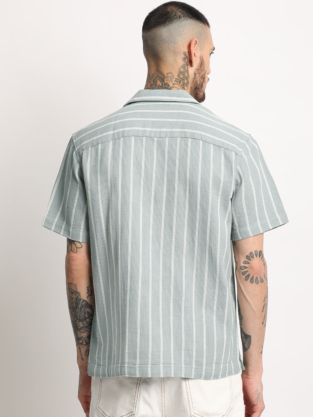 Men's Green Striped Regular Fit Casual Shirt by The Bear House