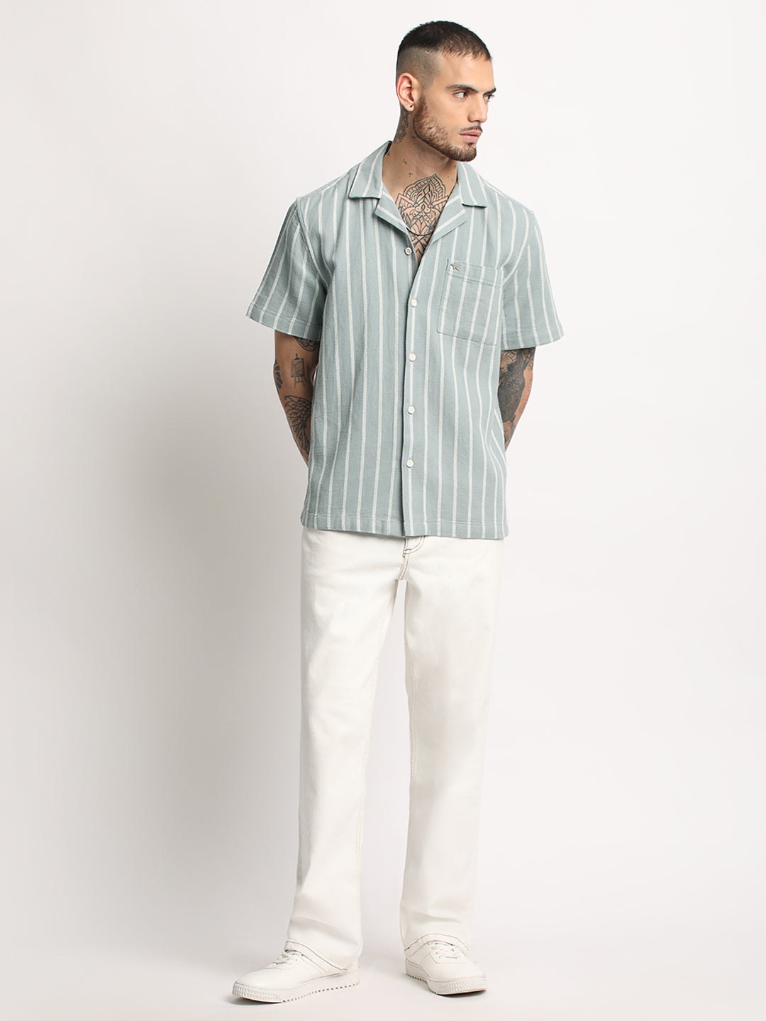 Men's Green Striped Regular Fit Casual Shirt by The Bear House