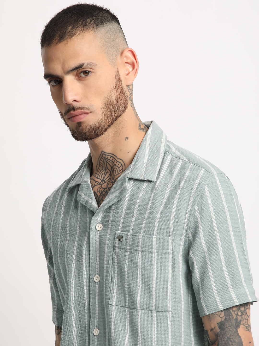 Men's Green Striped Regular Fit Casual Shirt by The Bear House