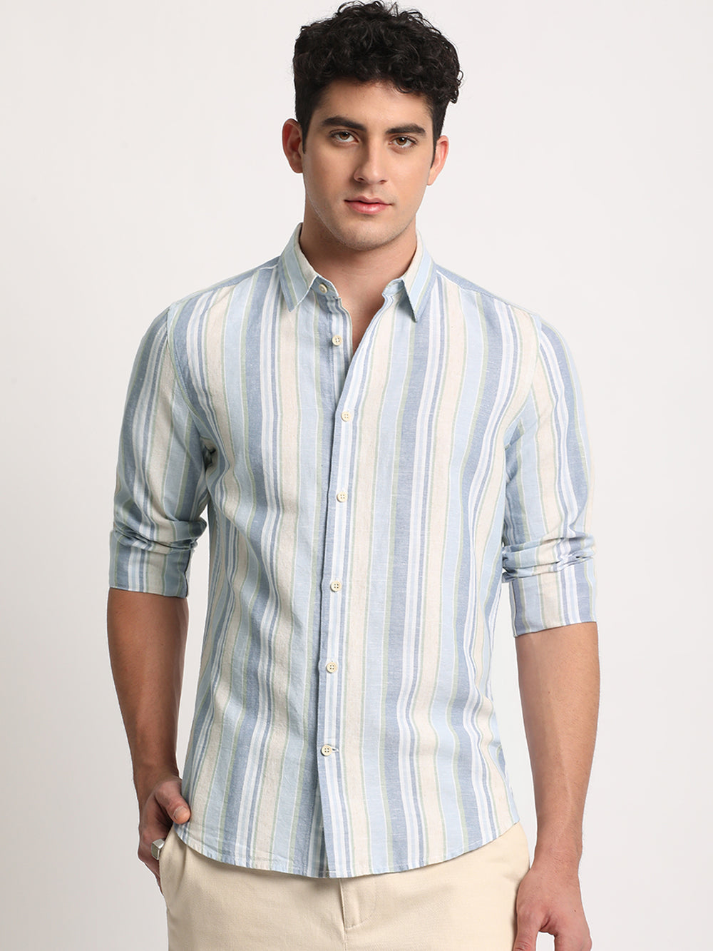 Men Multi Striped Slim Fit Cotton Linen Casual Shirt by The Bear House
