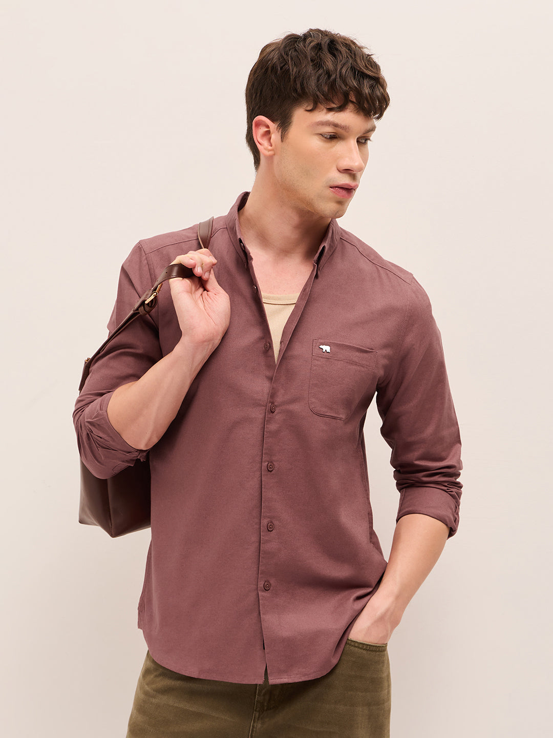 Rust Solid Cotton Slim Fit Casual Shirt with Button-Down Collar by The Bear House