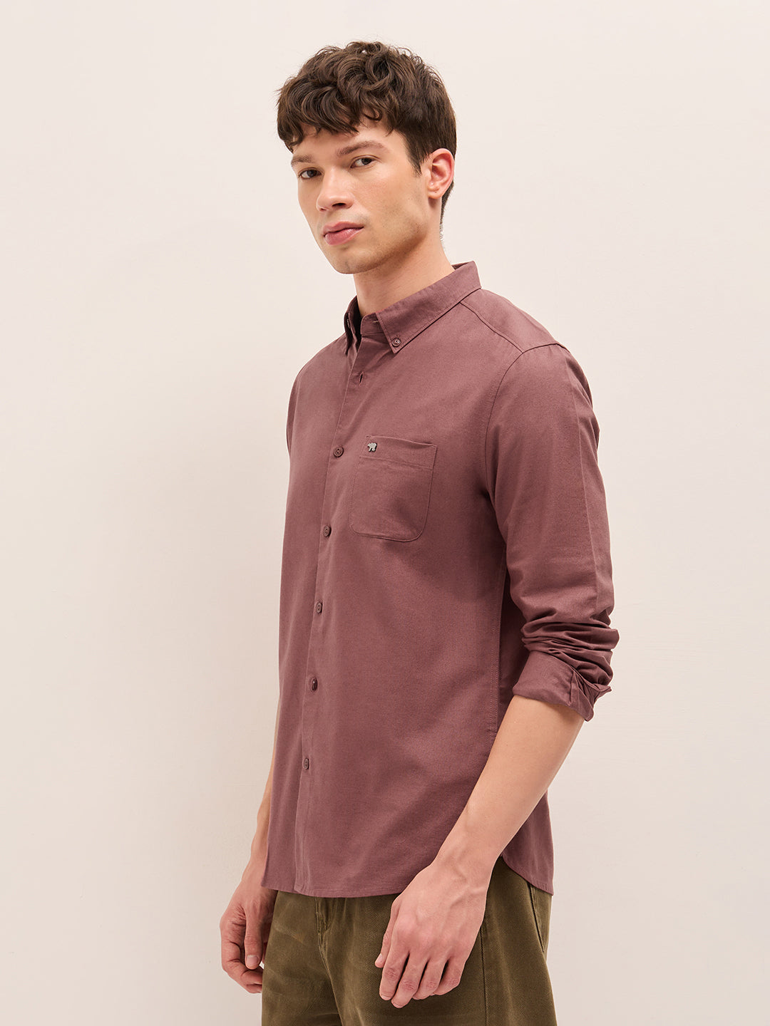 Rust Solid Cotton Slim Fit Casual Shirt with Button-Down Collar by The Bear House