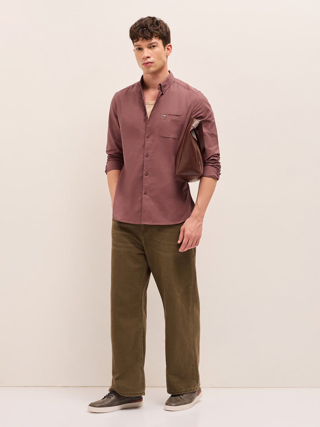 Rust Solid Cotton Slim Fit Casual Shirt with Button-Down Collar by The Bear House