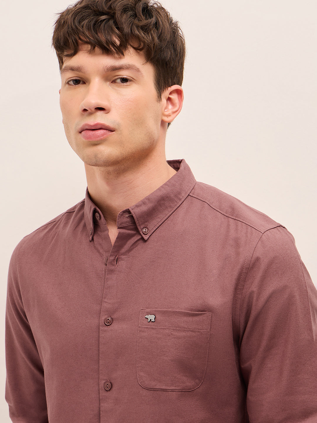 Rust Solid Cotton Slim Fit Casual Shirt with Button-Down Collar by The Bear House
