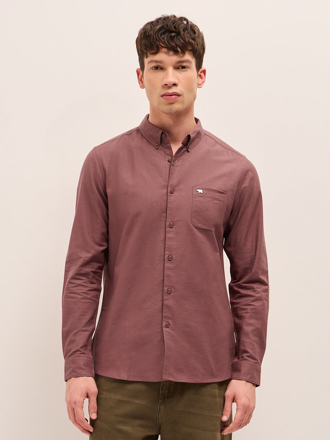 Rust Solid Cotton Slim Fit Casual Shirt with Button-Down Collar by The Bear House