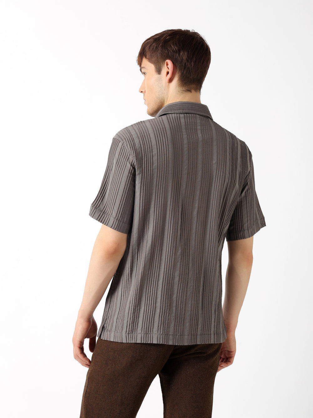 Grey Textured Striped Relaxed Fit Half-Sleeve Casual Shirt by The Bear House