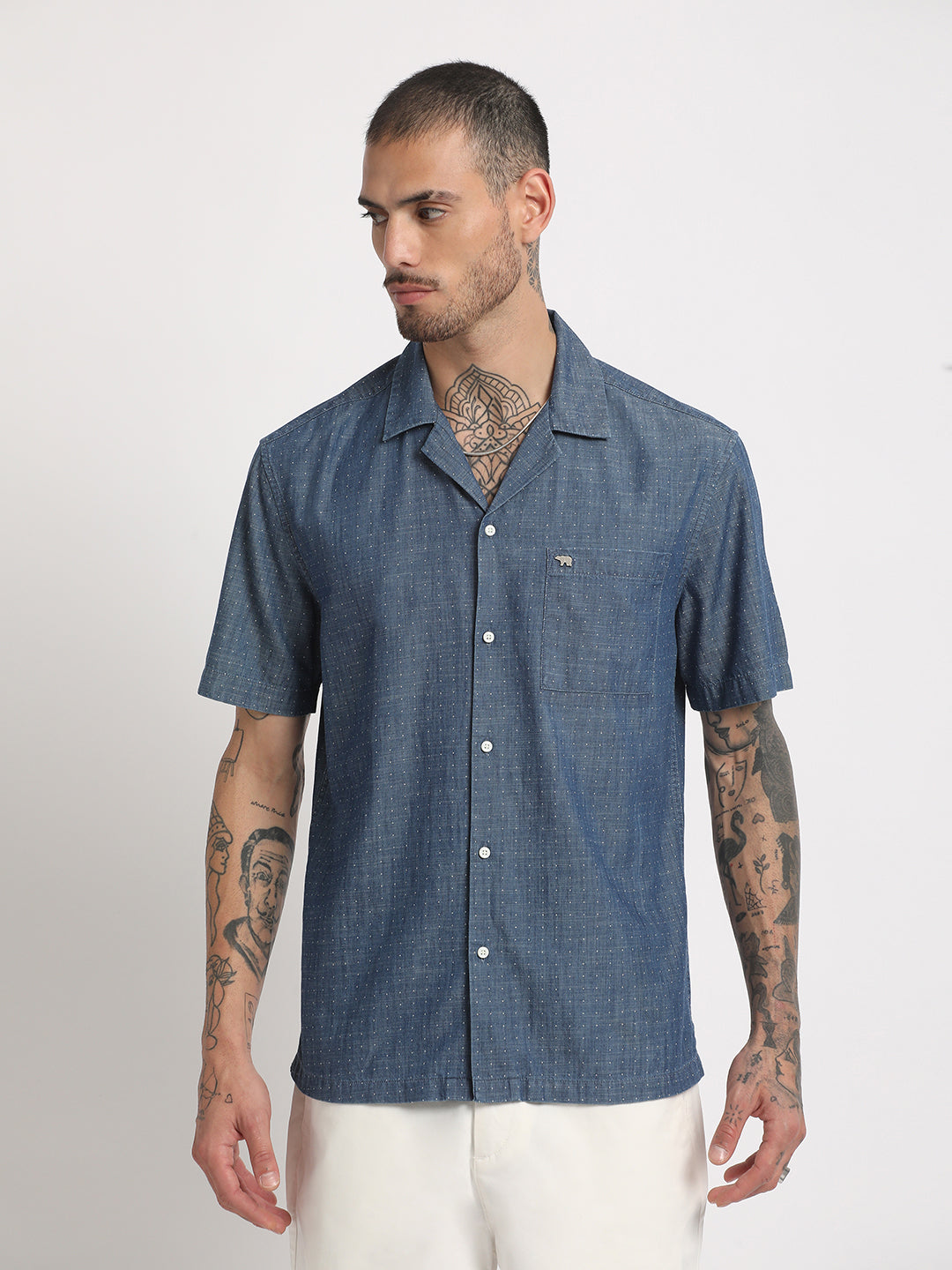 Men Blue Printed Regular Fit Cotton Casual Shirt by The Bear House