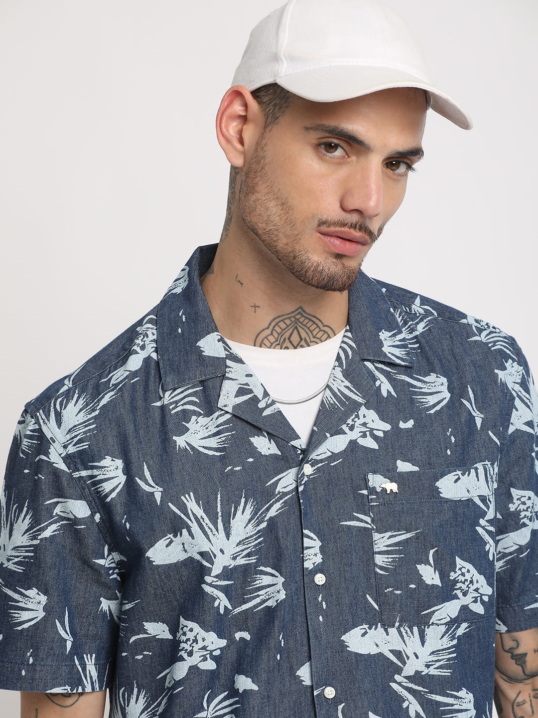 Men Blue Printed Regular Fit Cotton Casual Shirt by The Bear House
