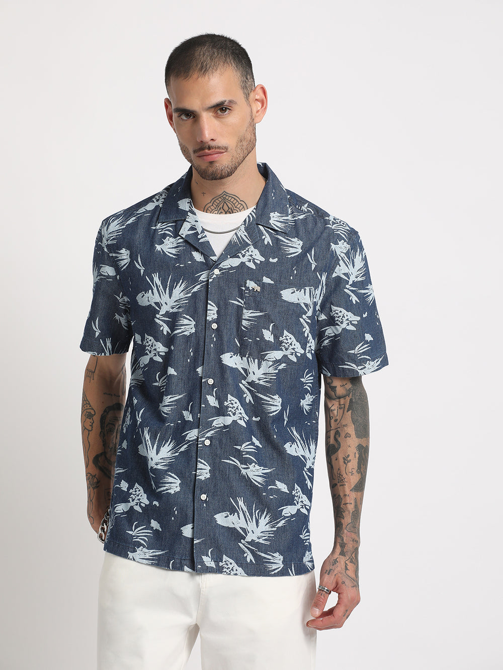 Men Blue Printed Regular Fit Cotton Casual Shirt by The Bear House