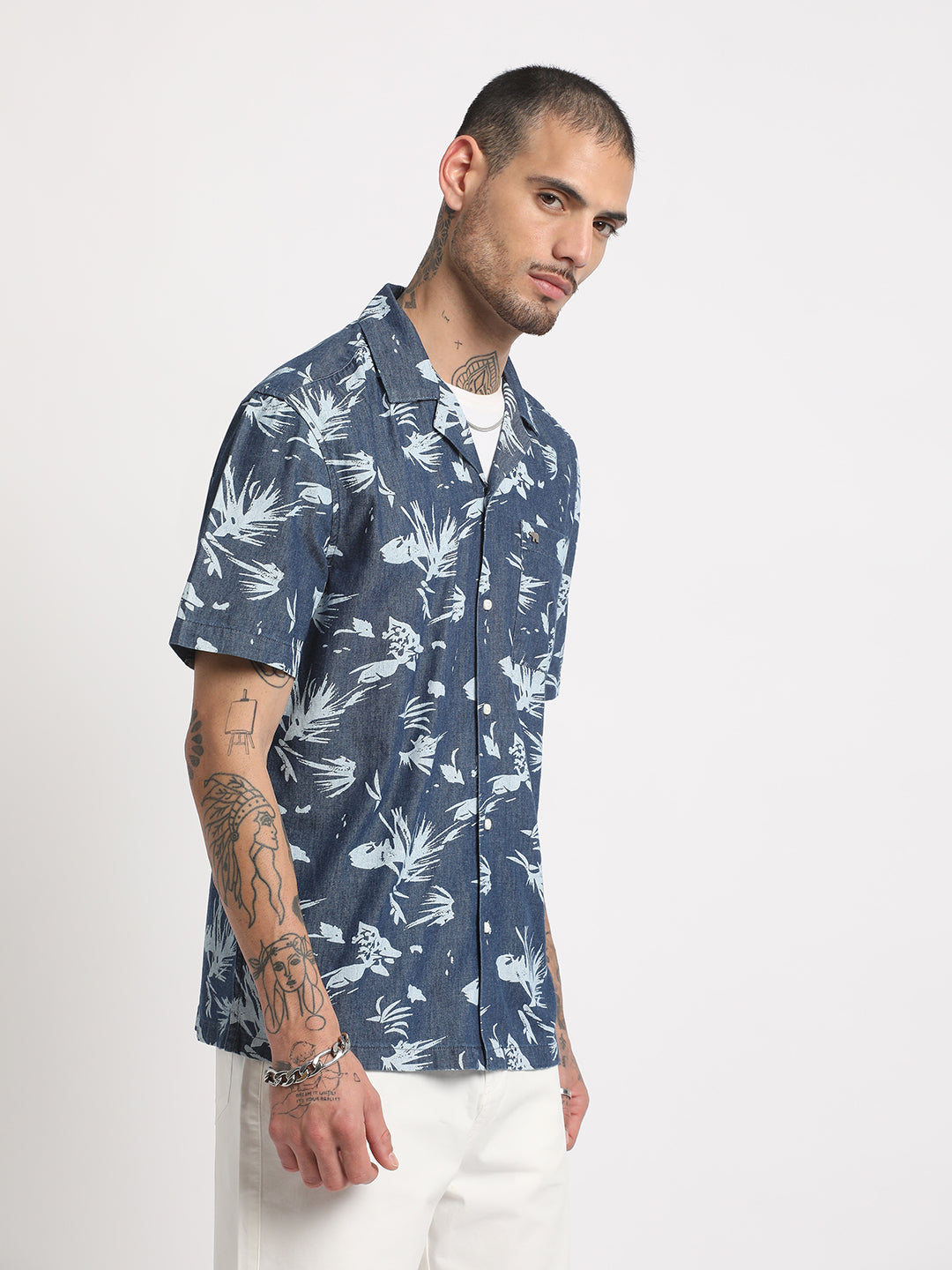 Men Blue Printed Regular Fit Cotton Casual Shirt by The Bear House