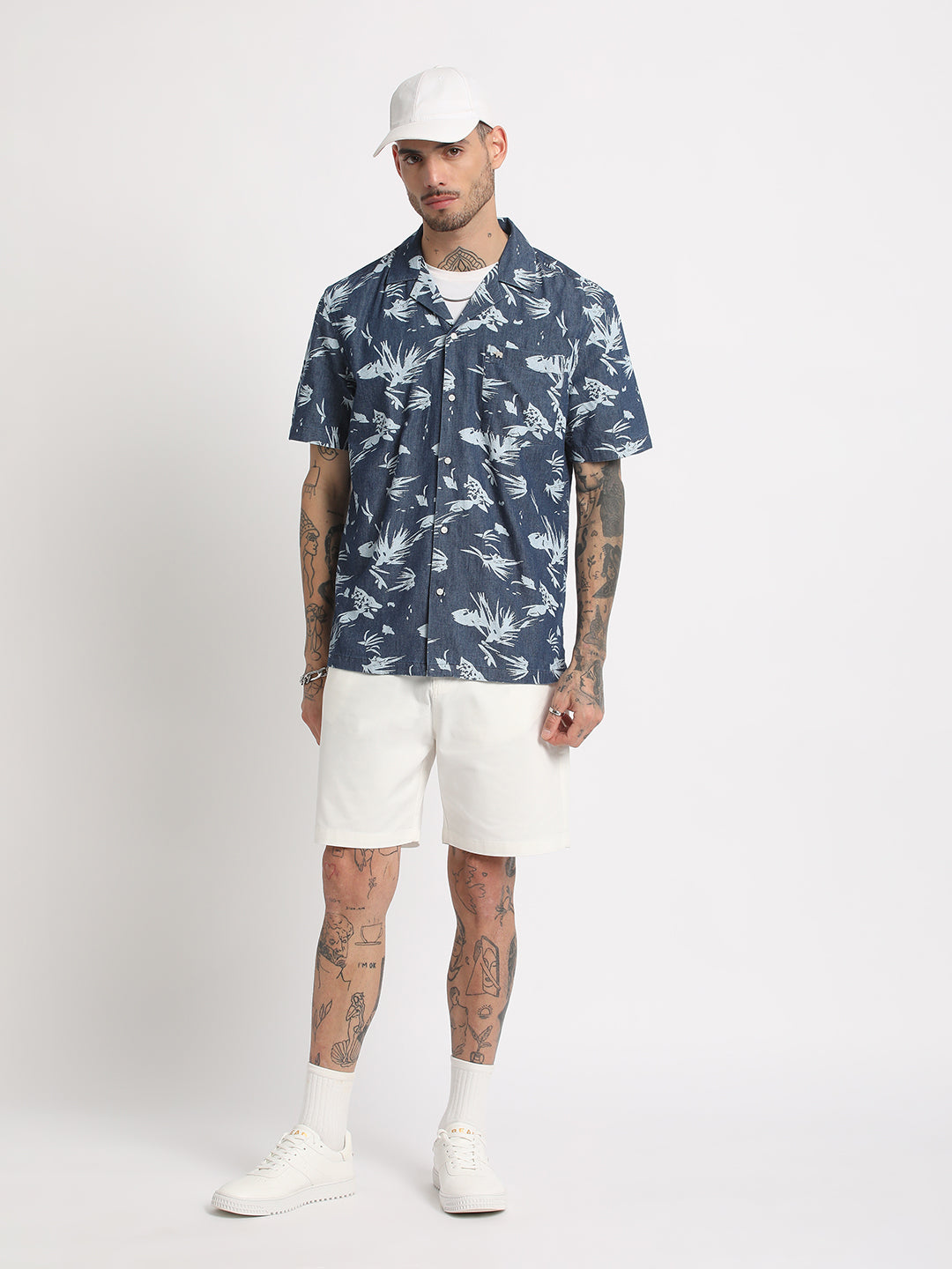 Men Blue Printed Regular Fit Cotton Casual Shirt by The Bear House