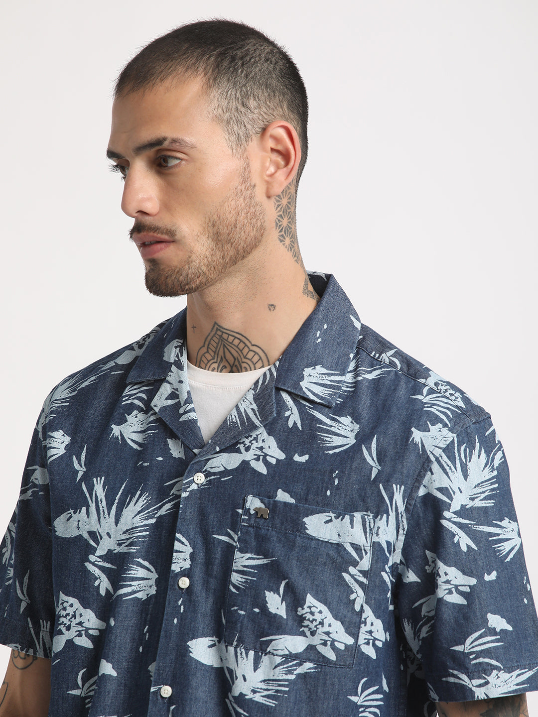 Men Blue Printed Regular Fit Cotton Casual Shirt by The Bear House