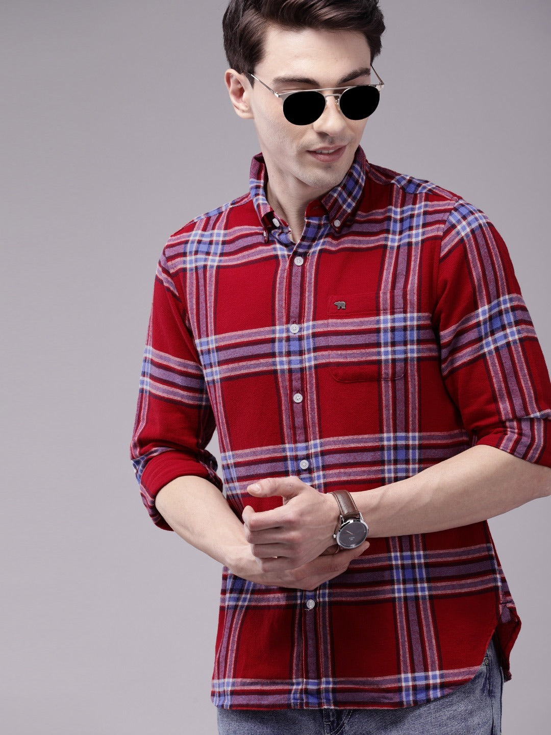 Men Red Checked Slim fit Cotton Casual Shirt by The Bear House