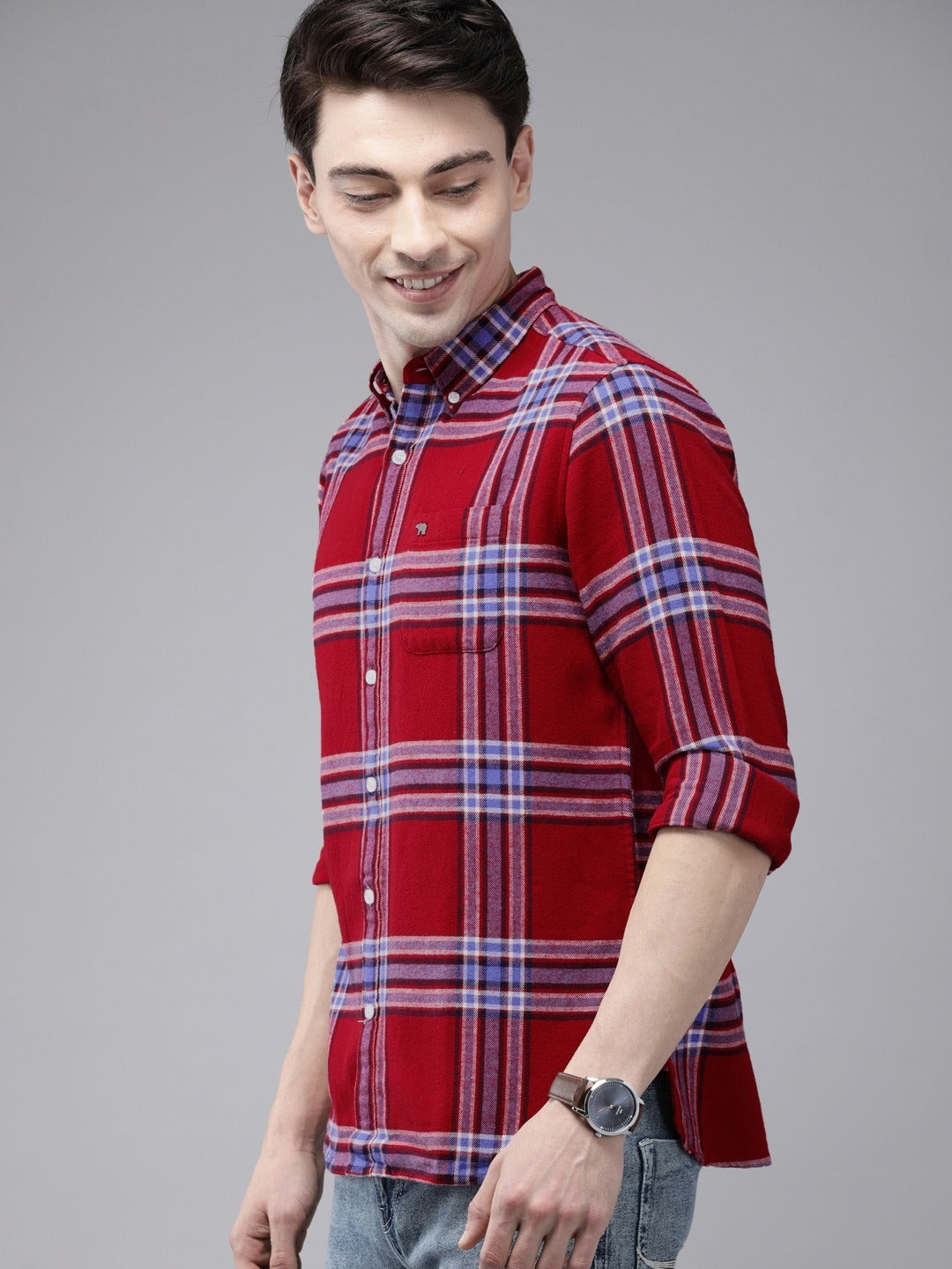 Men Red Checked Slim fit Cotton Casual Shirt by The Bear House