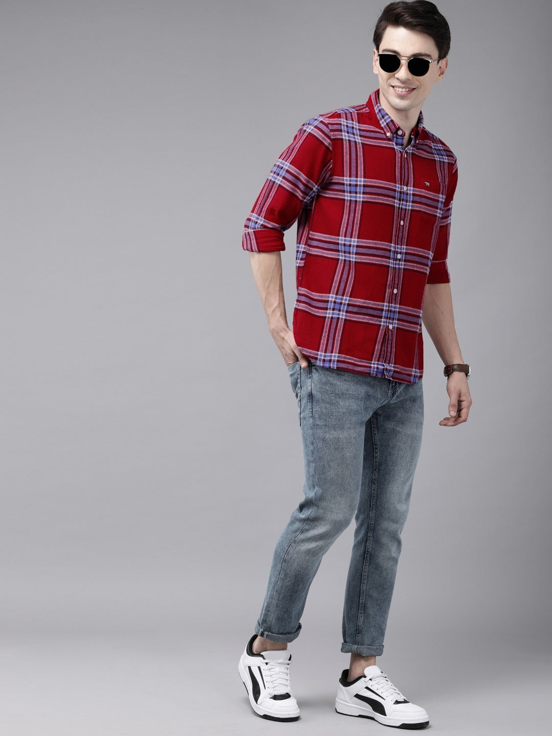 Men Red Checked Slim fit Cotton Casual Shirt by The Bear House