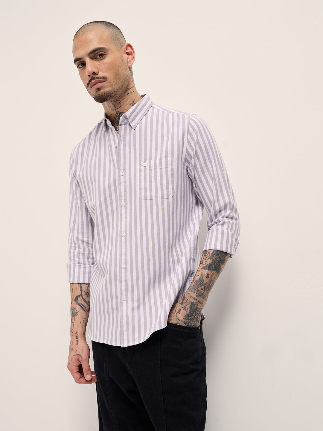 Grey & White Vertical Stripes Slim Fit Casual Shirt by The Bear House