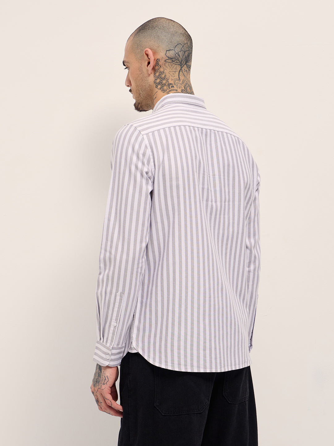 Grey & White Vertical Stripes Slim Fit Casual Shirt by The Bear House