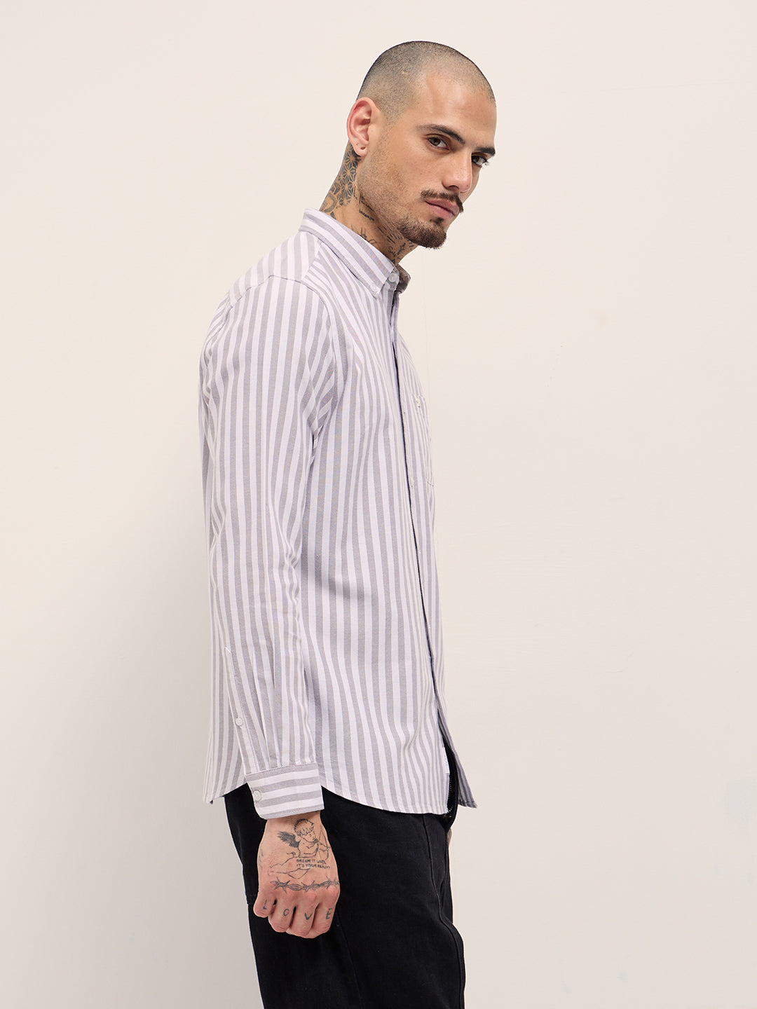Grey & White Vertical Stripes Slim Fit Casual Shirt by The Bear House
