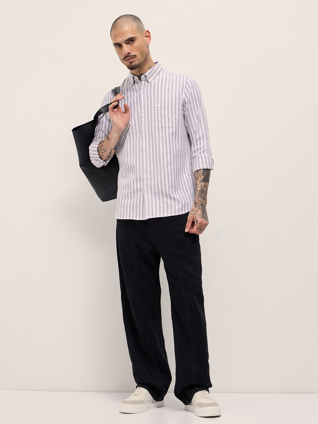 Grey & White Vertical Stripes Slim Fit Casual Shirt by The Bear House