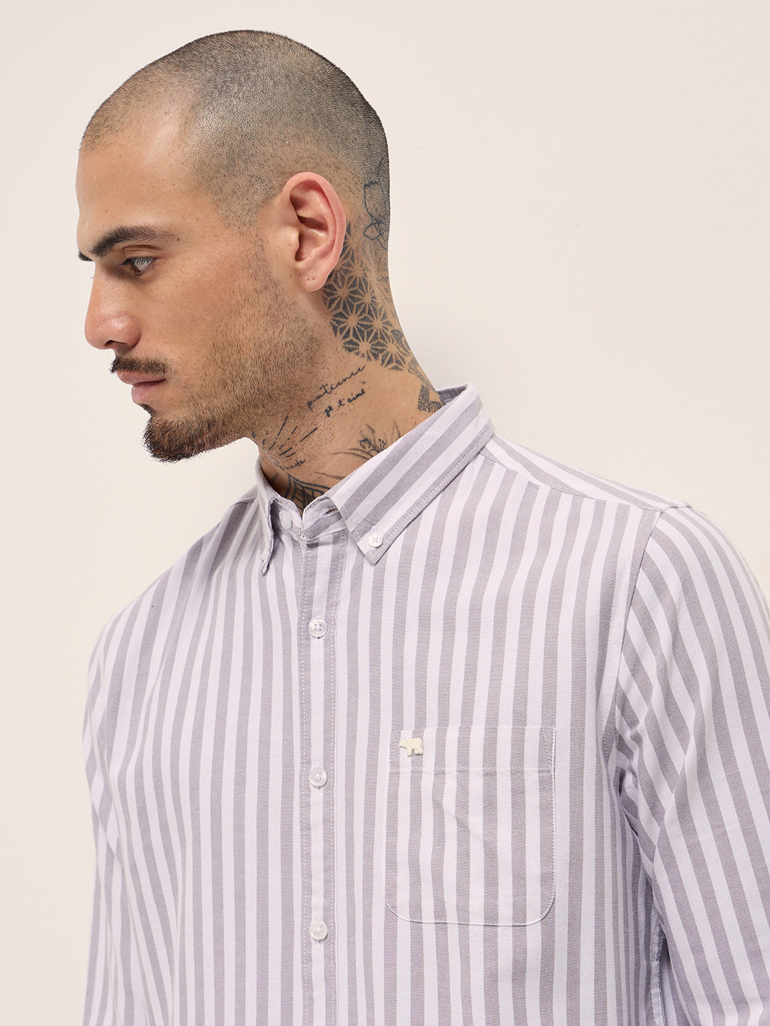 Grey & White Vertical Stripes Slim Fit Casual Shirt by The Bear House