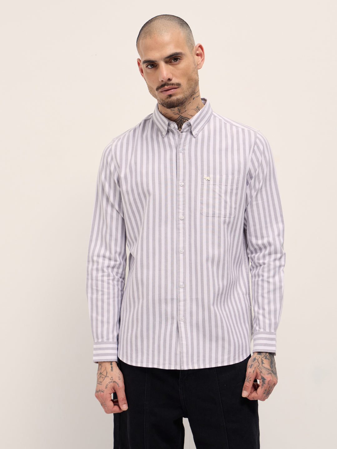 Grey & White Vertical Stripes Slim Fit Casual Shirt by The Bear House