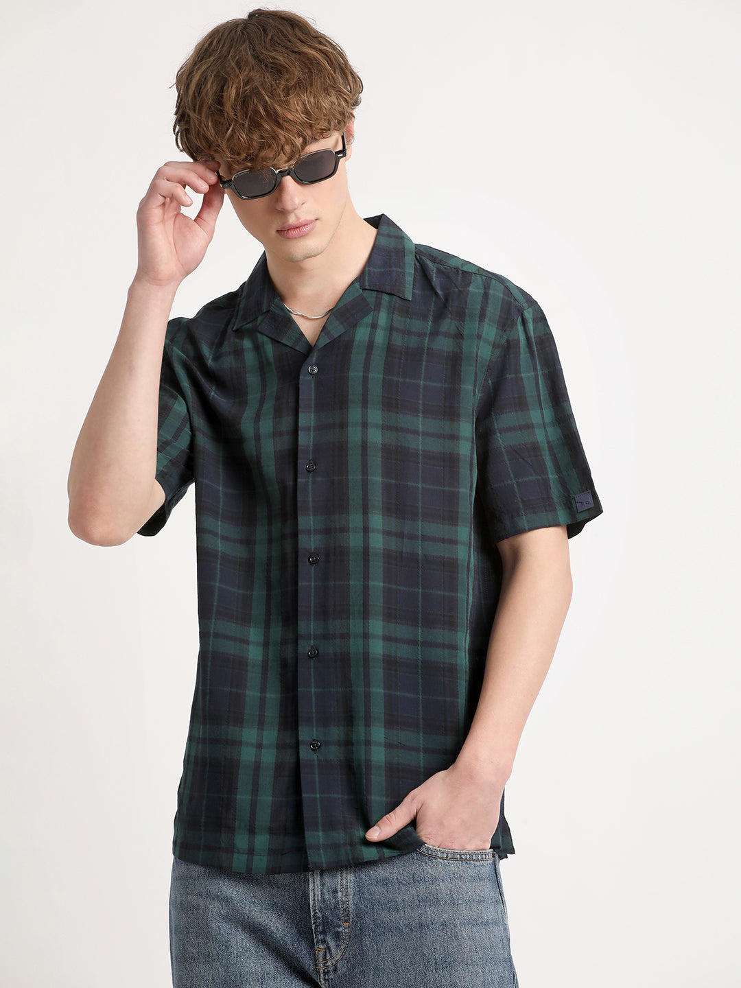 Men Green Checked Regular Fit Cotton Casual Shirt by The Bear House