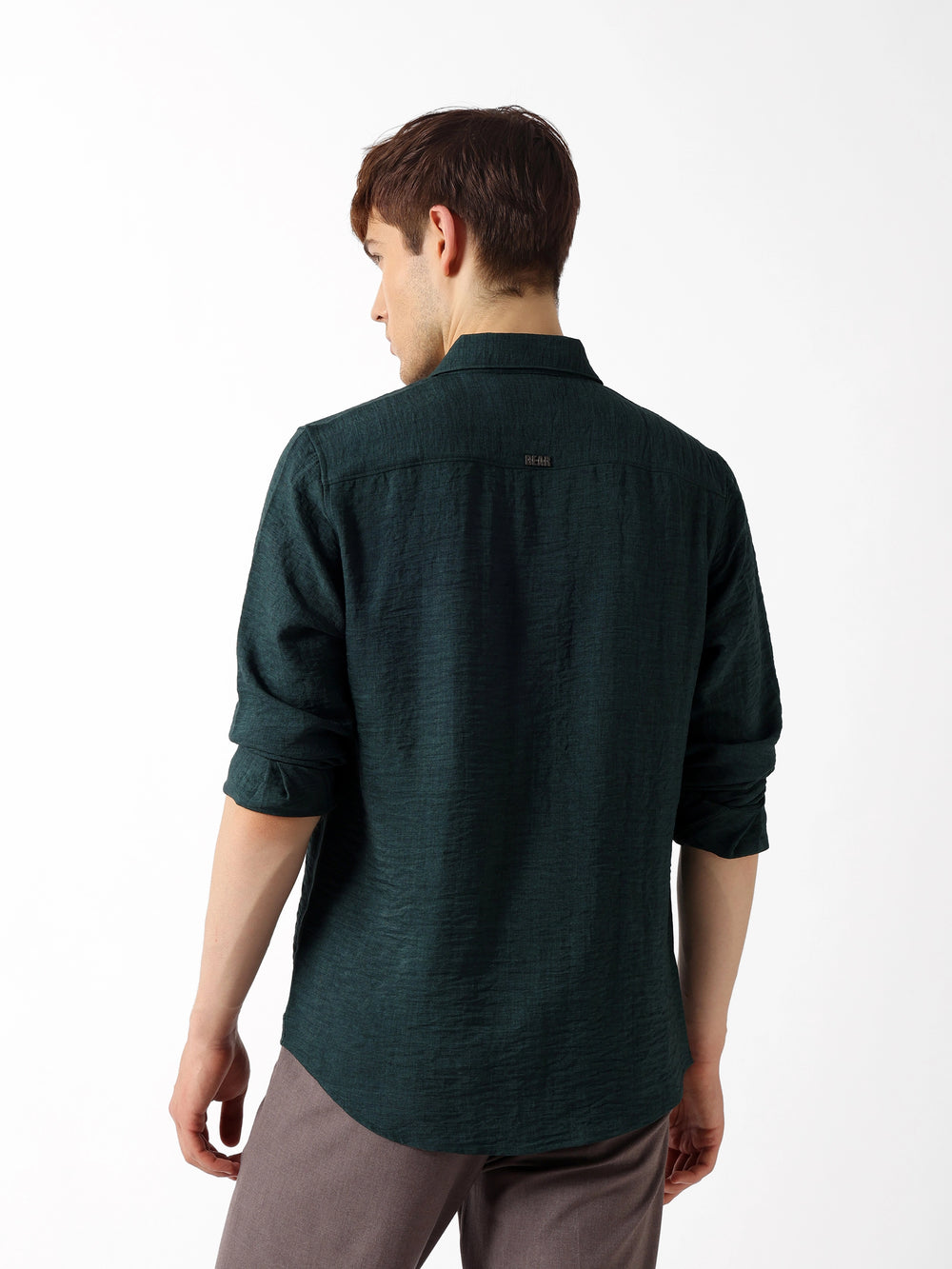 Dark Green Slub-Textured Woven Slim Fit Casual Shirt by The Bear House