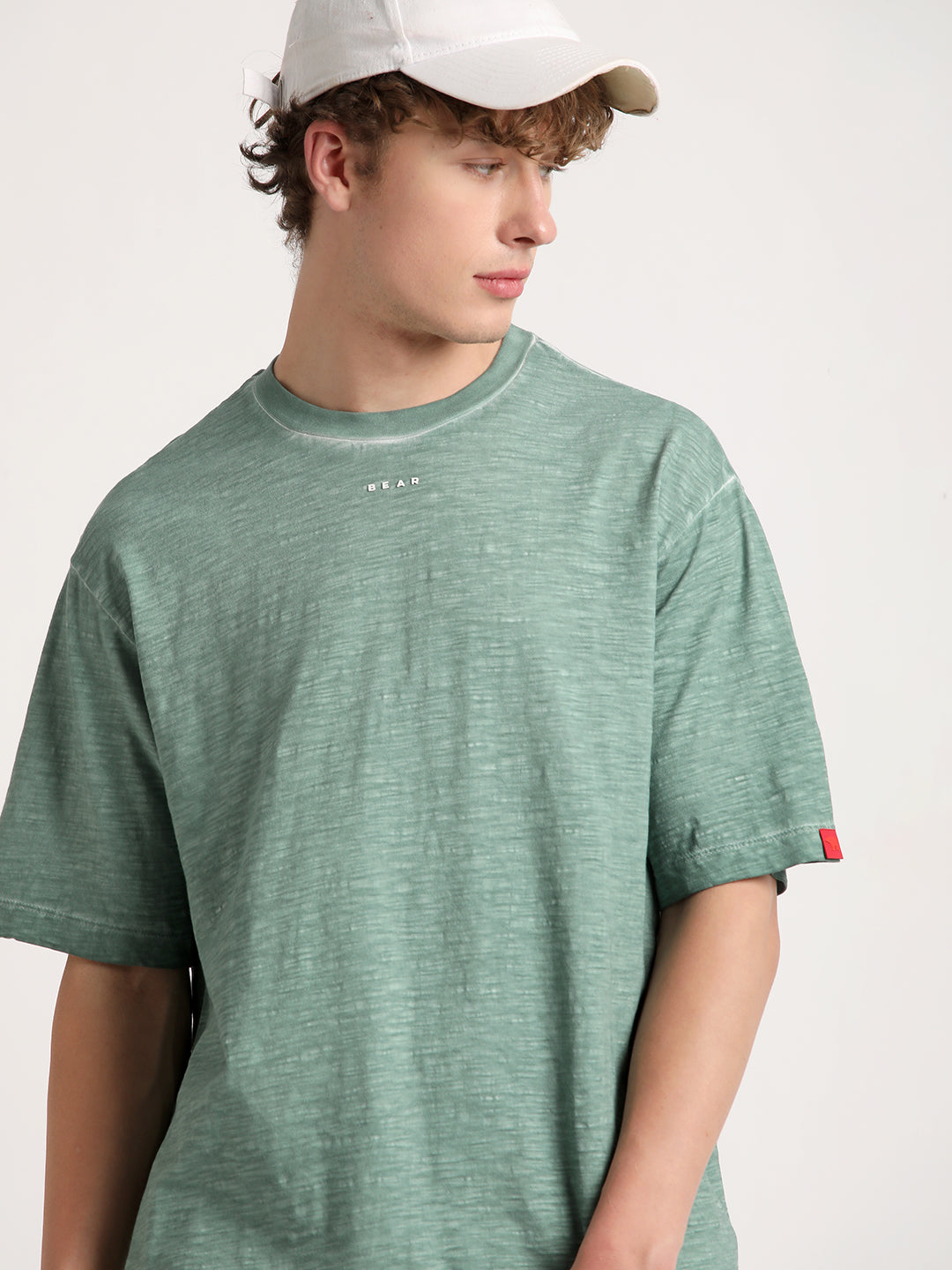 Men Green Self Design Oversized Fit Round Neck T-shirt by The Bear House