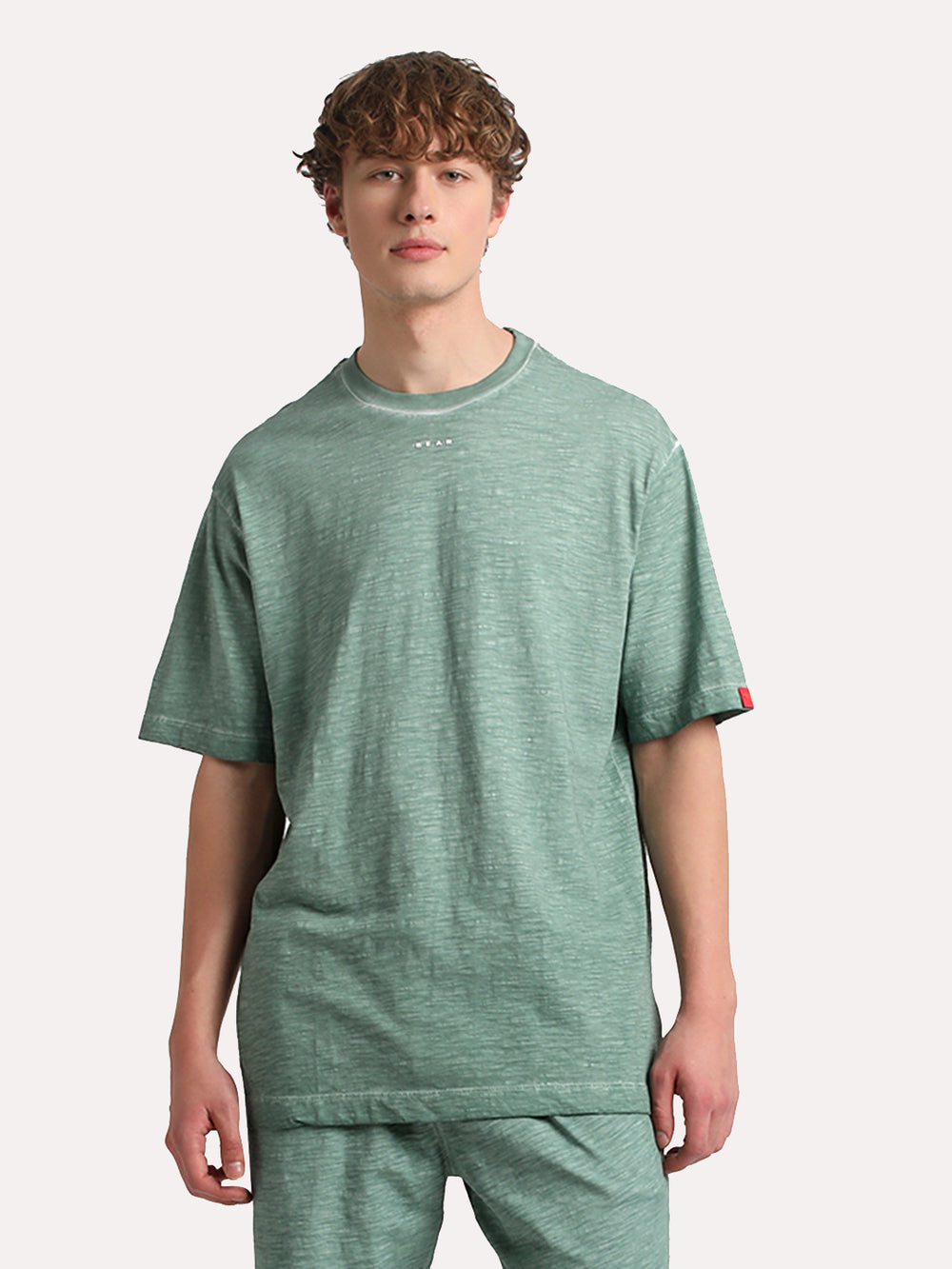Men Green Self Design Oversized Fit Round Neck T-shirt by The Bear House