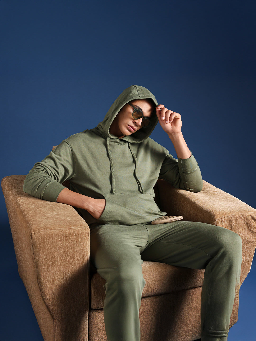 Green Relaxed Fit Solid Track Pants with Toggle Adjustable Hem by The Bear House