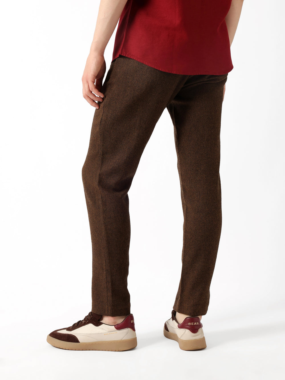 Brown Textured Regular Fit Casual Trousers with Front Pleats by The Bear House