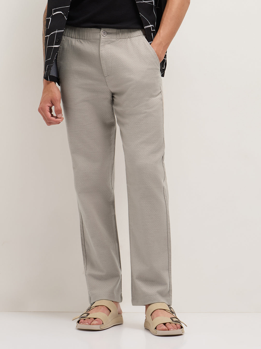 Beige Textured Straight Fit Casual Trousers with an Elasticated Waistband by The Bear House