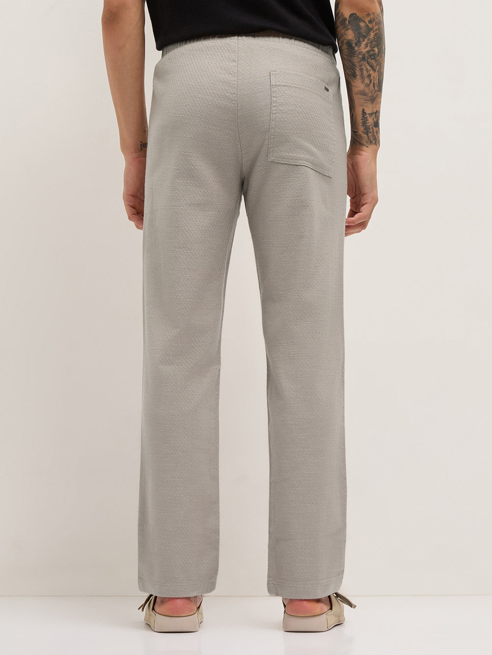 Beige Textured Straight Fit Casual Trousers with an Elasticated Waistband by The Bear House
