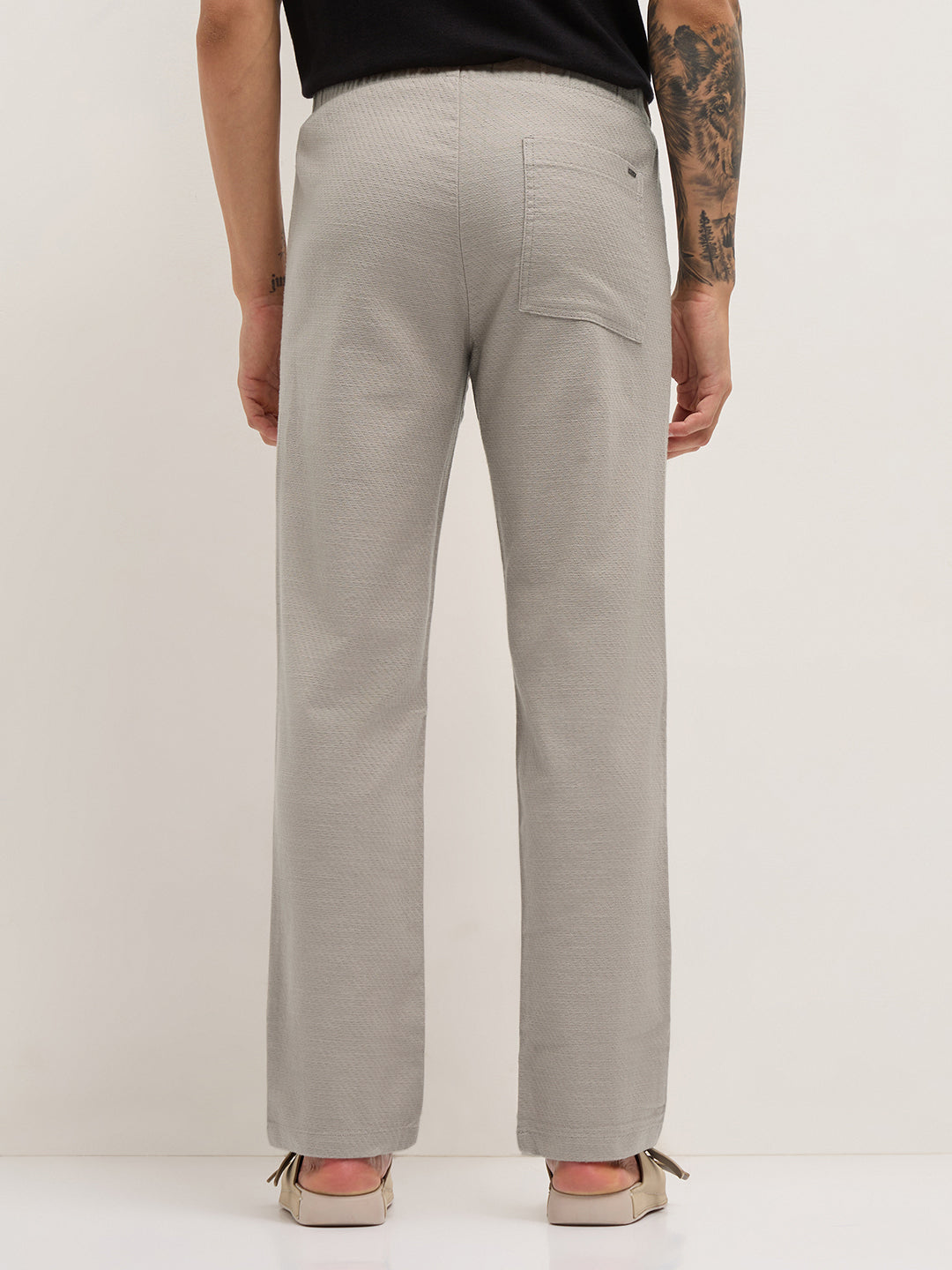 Beige Textured Straight Fit Casual Trousers with an Elasticated Waistband by The Bear House