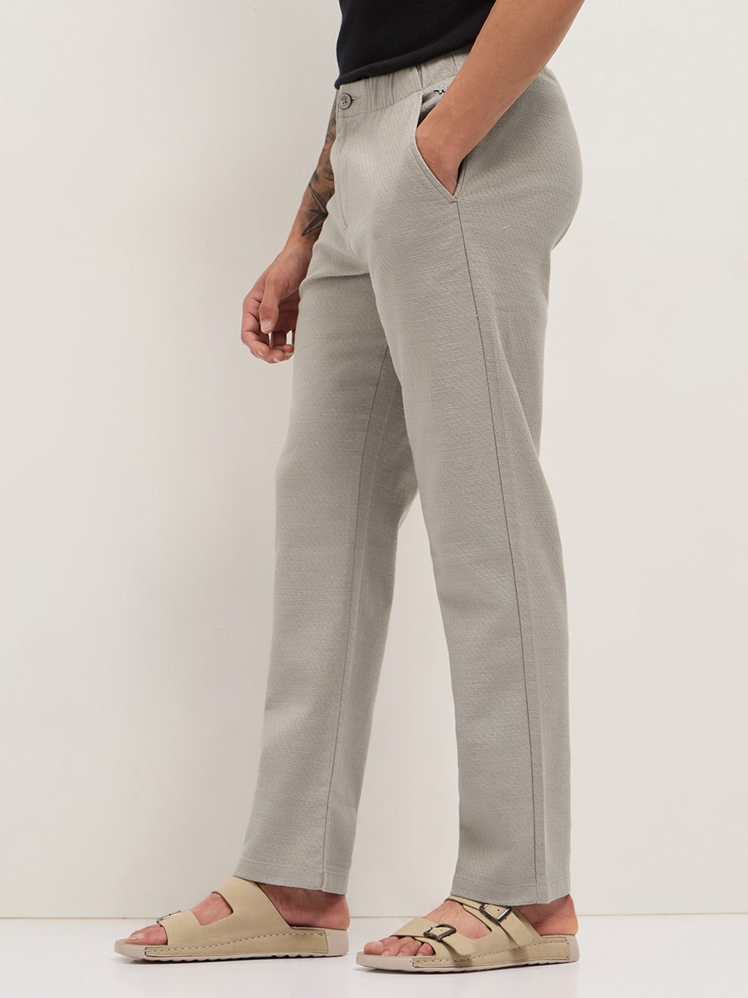 Beige Textured Straight Fit Casual Trousers with an Elasticated Waistband by The Bear House