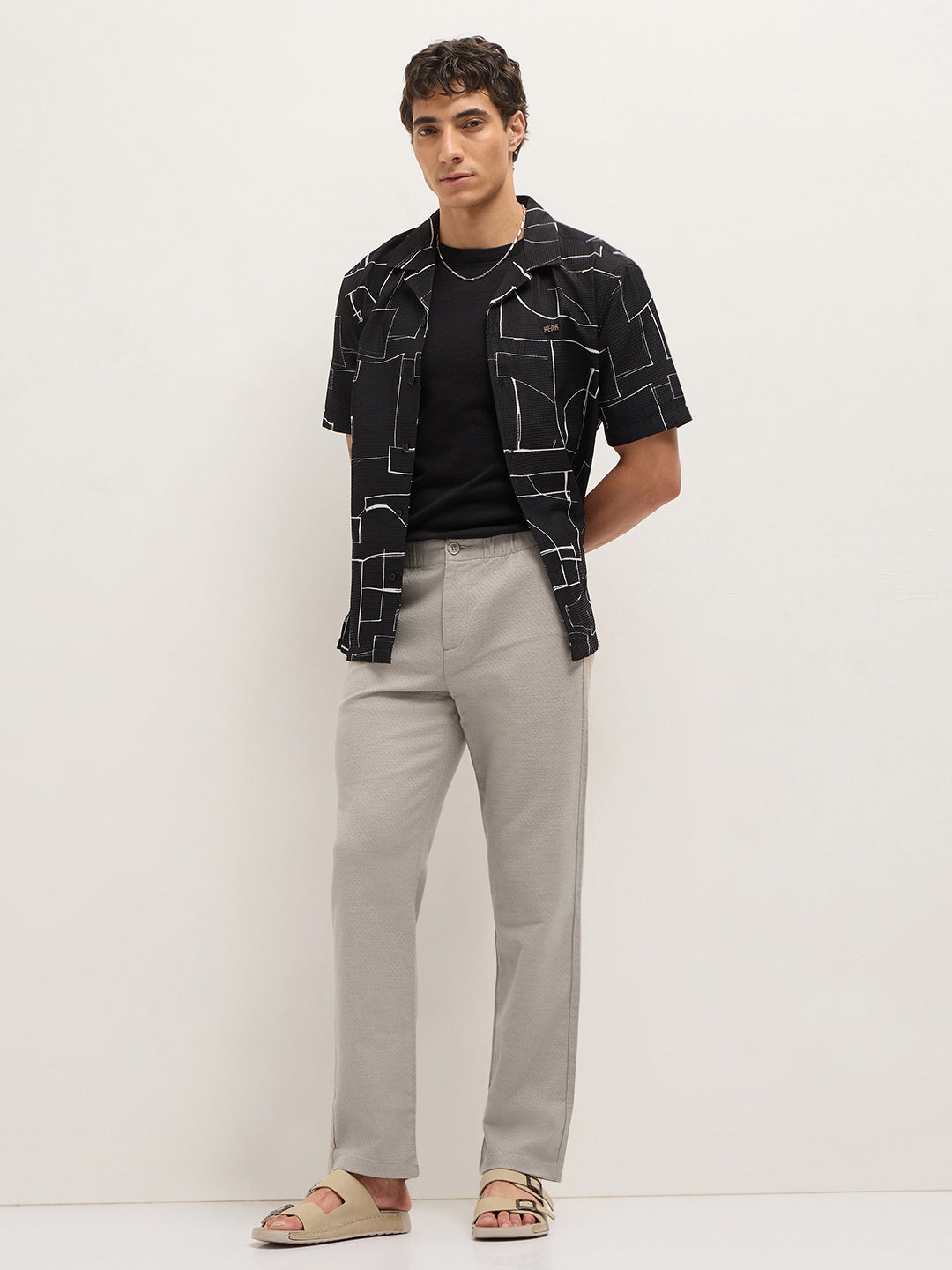 Beige Textured Straight Fit Casual Trousers with an Elasticated Waistband by The Bear House